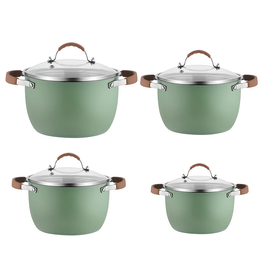 A set of two Stainless Steel Cooking Pots, featuring a Silicone Double Ear design for easy handling. The set includes one Pot and one Pot Lid, both equipped with Silicone Handles and Rivet Reinforcement for added durability. These pots are designed to be