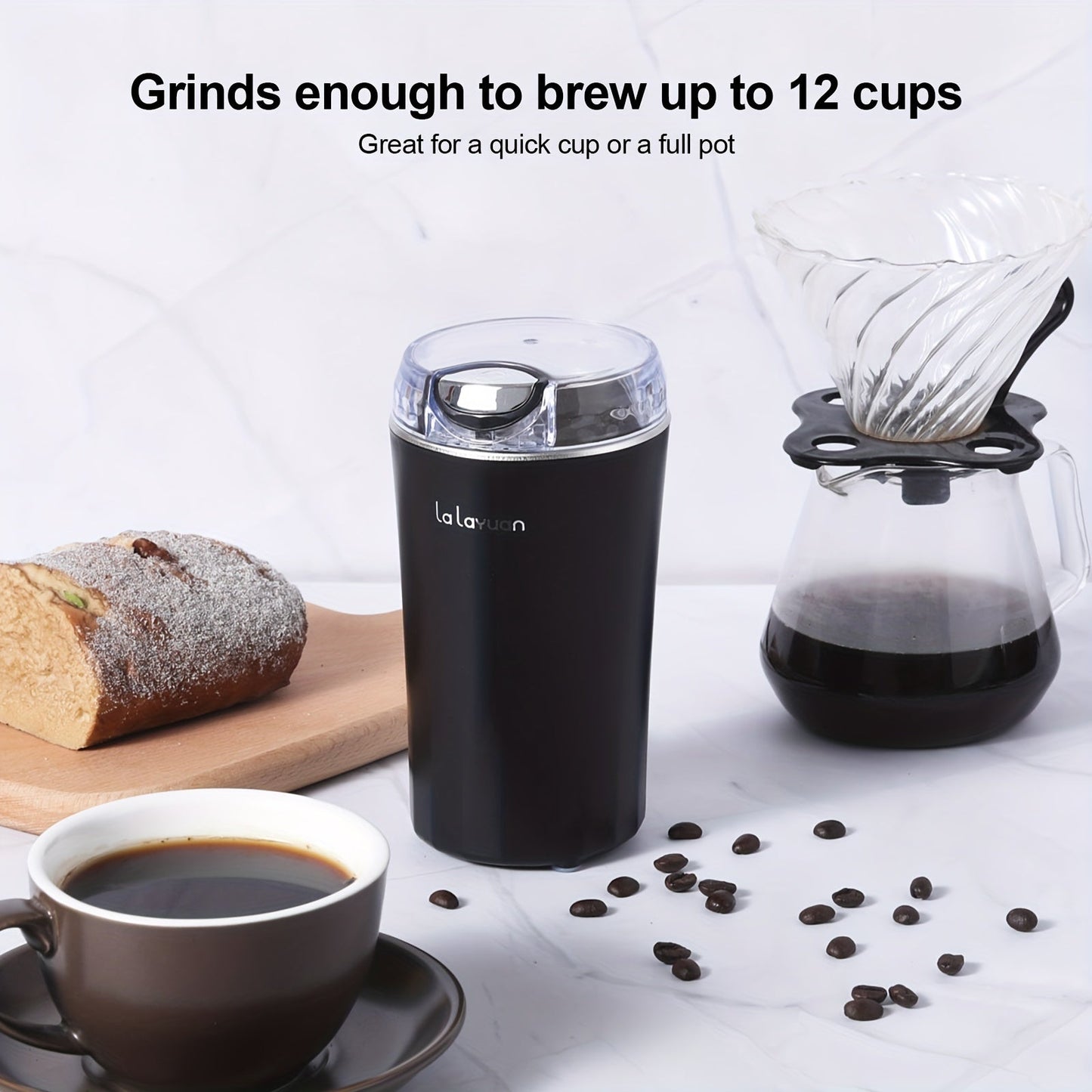 Electric 1-Piece Coffee Bean Grinder with 200W Power - Multifunctional Food Processor and Mixer for Grinding Spices, Nuts, and Espresso Beans. Features One-Touch Push-Button Control, Brush, and Coffee Spoon. Perfect for up to 12 Cups or 2.7oz of coffee.