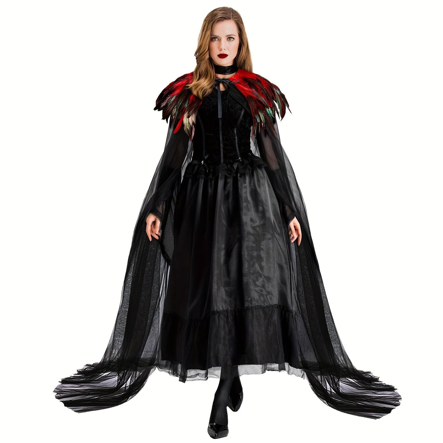 L'VOW Evil Queen Witch Costume - Perfect for Halloween Cosplay. Includes Feathered Cape, Long Robe & Shawl. Stand out in this Funky Polyester Masquerade Outfit from L'VOW.