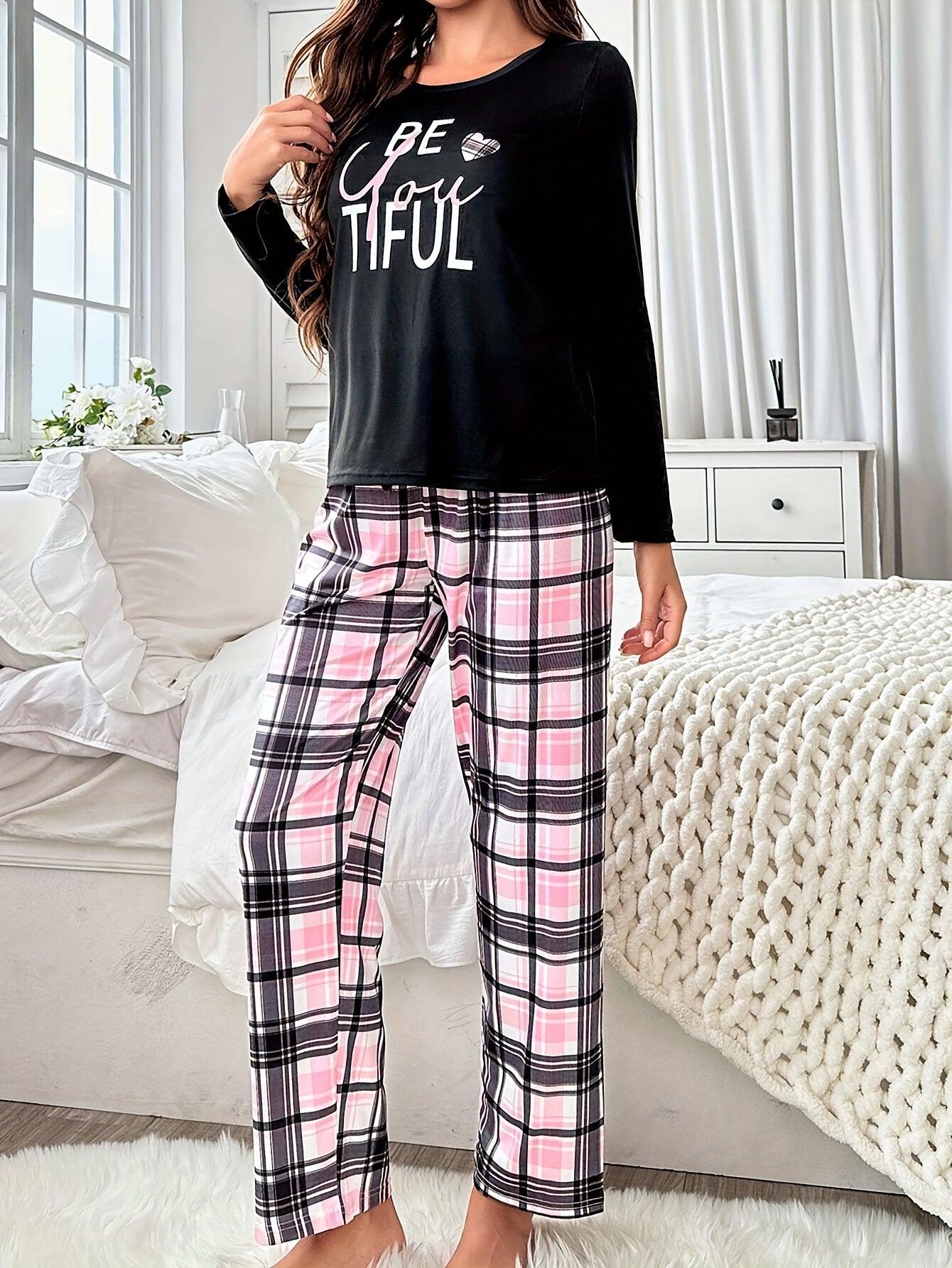 Plaid Heart Print Pajama Set for Women, Long Sleeve Top & Pants, Cozy Fall Style