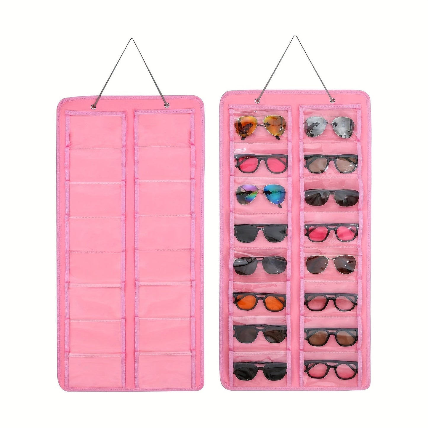 Get yourself the perfect solution for organizing your glasses with this 16-Slot Glasses Organizer. This hanging PVC wall pocket is dust-proof and includes a metal hook and sturdy rope for easy hanging. Ideal for storing women's fashion accessories, this