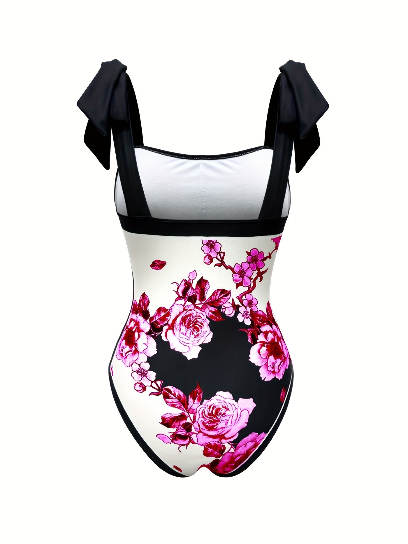 Stylish one-piece swimsuit with sun protection, floral print, and sheer skirt - ideal for the beach.