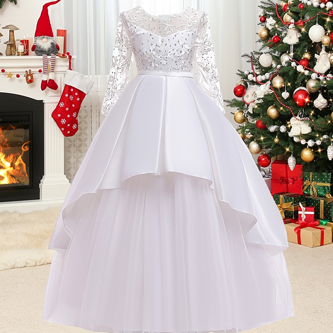 Stylish long sleeve tulle wedding dress with crew neck, polyester viscose fabric, and bow detail. All-season fit and flare costume for a princess-like look.