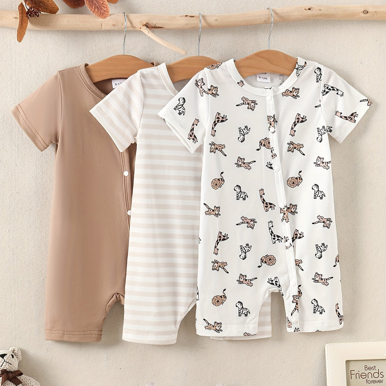 Boys' casual summer jumpsuit set with cute animal prints, stripes, and solid colors.