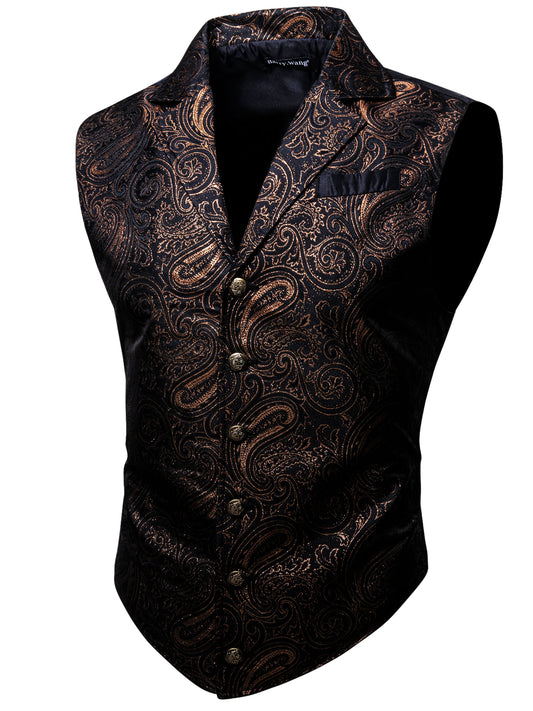 Large green satin jacaquard floral suit vest with tailored collar and copper buttons, suitable for Victorian steampunk and gothic themed events.