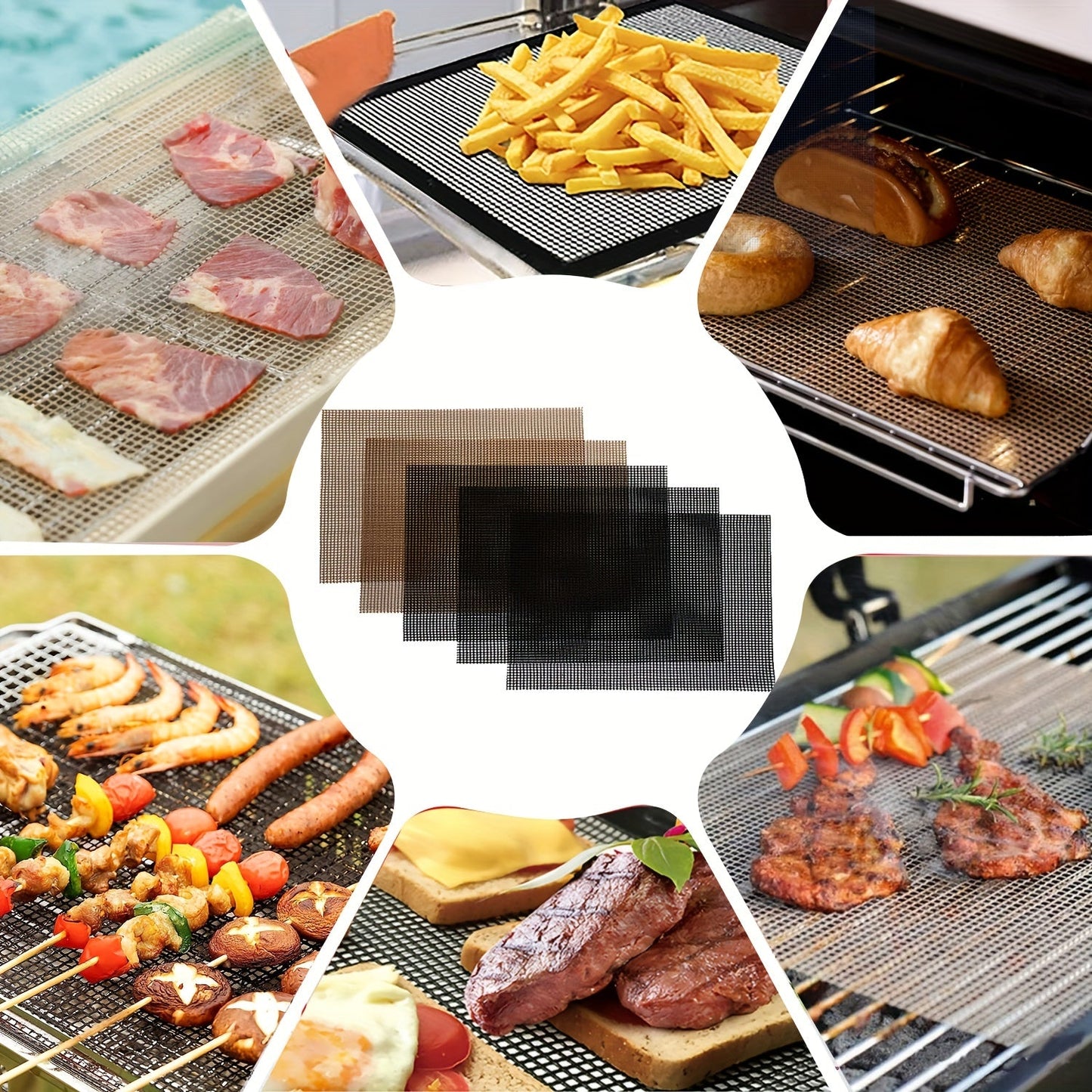 5 pieces of BBQ grill grid mats consisting of 3 black mats and 2 brown mats. These outdoor BBQ grilling mats are made of Teflon non-stick material that is high temperature resistant. They can be used for grilling fish, shrimp, and meat without sticking.