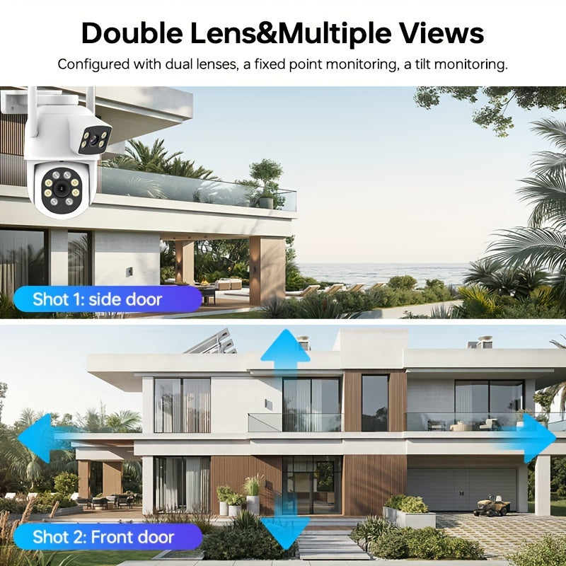 Dual lens Wifi security camera with panoramic view, motion detection, two-way audio, and Color Night Vision. Suitable for monitoring babies, elderly, and pets.