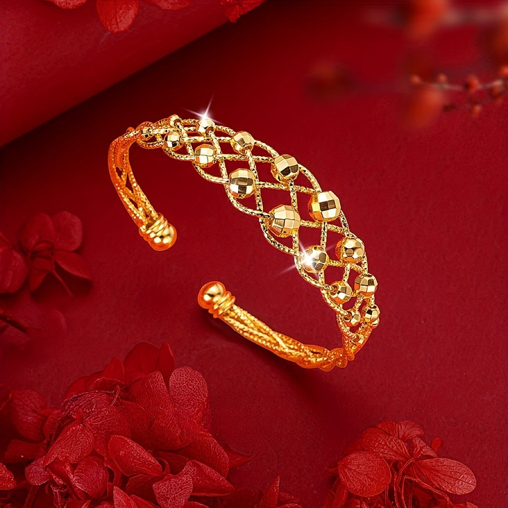 Make a statement with our Boho Luxury 24K Gold Plated Copper Cuff Bracelet, an adjustable open bangle featuring a shiny weave design. This stunning piece is perfect for any occasion, whether it be a party, wedding, or a Mother's Day gift. Elevate your