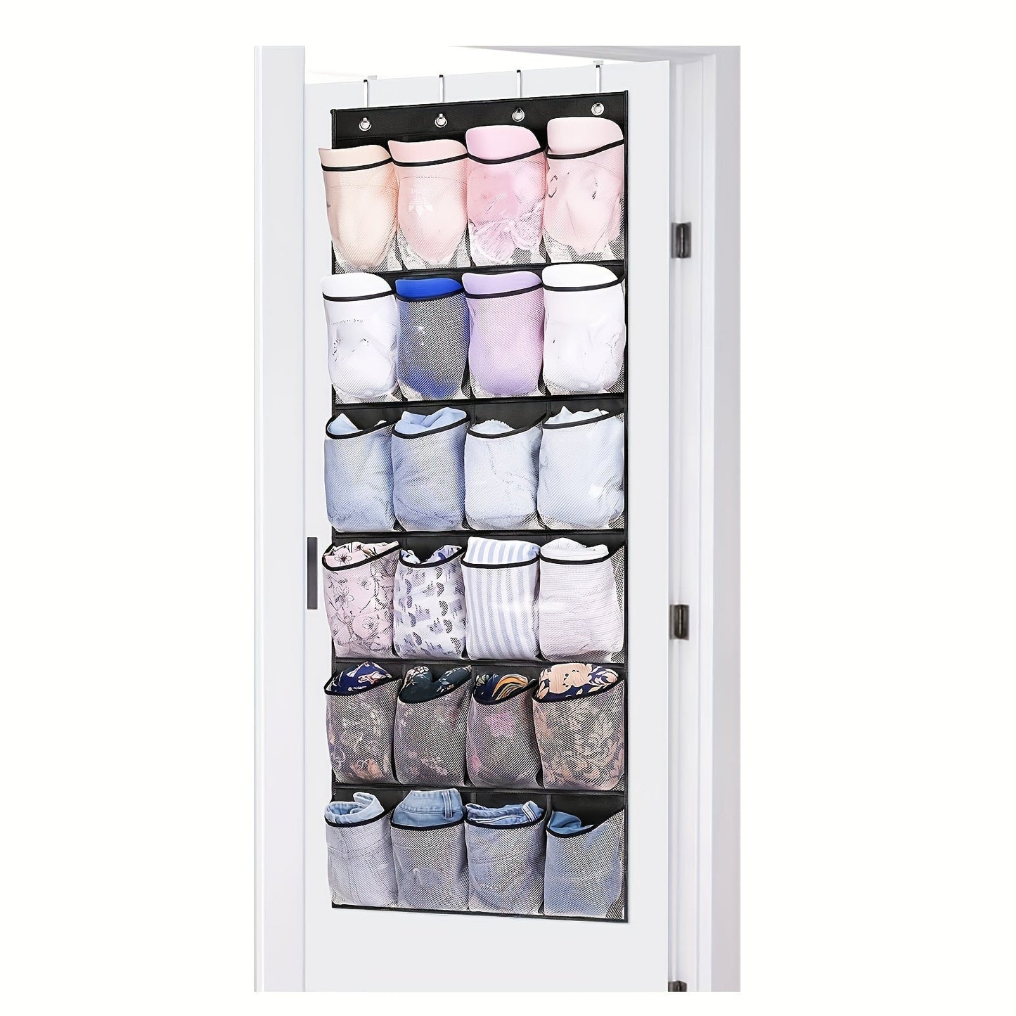 Get organized with our 1-piece over-the-door hanging shoe storage bag featuring 24 mesh pockets. This folding closet storage rack is perfect for storing socks, bras, and other household items, helping you save space in your bedroom, bathroom, office