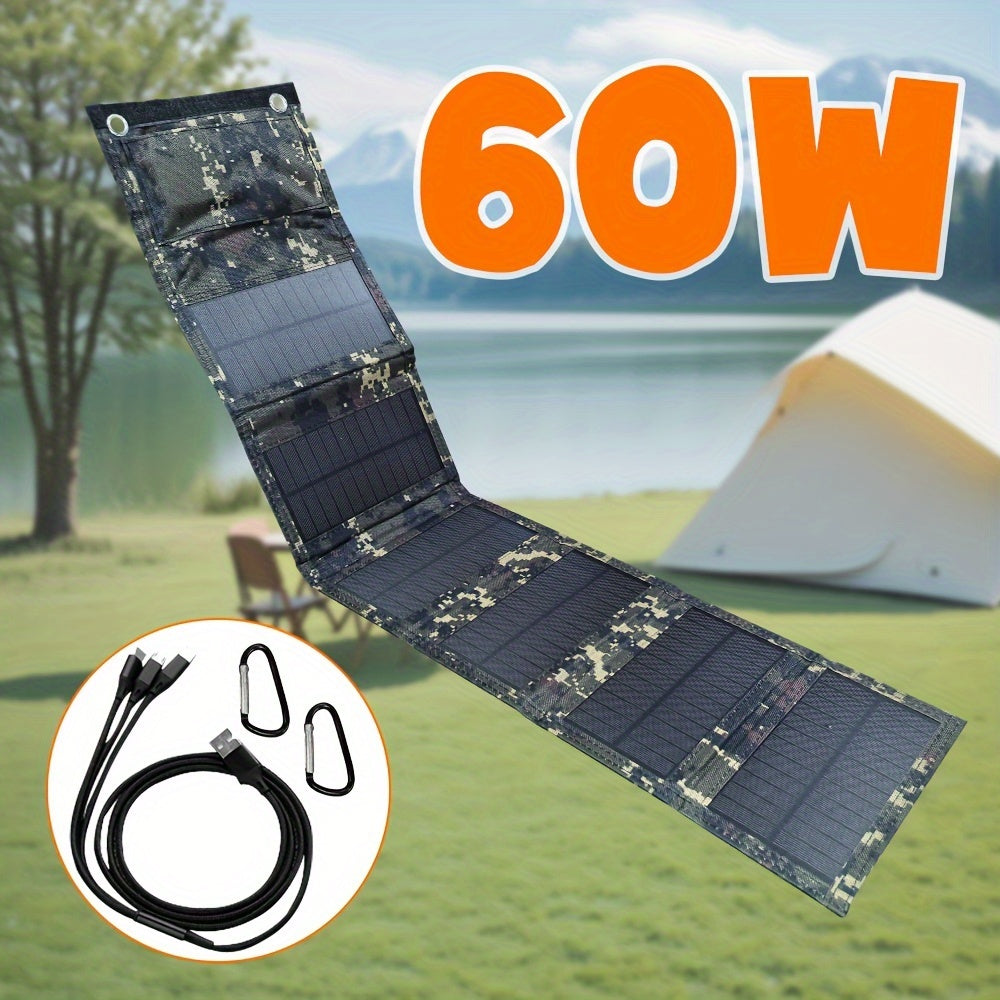 60W Portable Folding Solar Panel Charger with USB for phone charging, with carabiner and cable, from Smaraad Renewable.