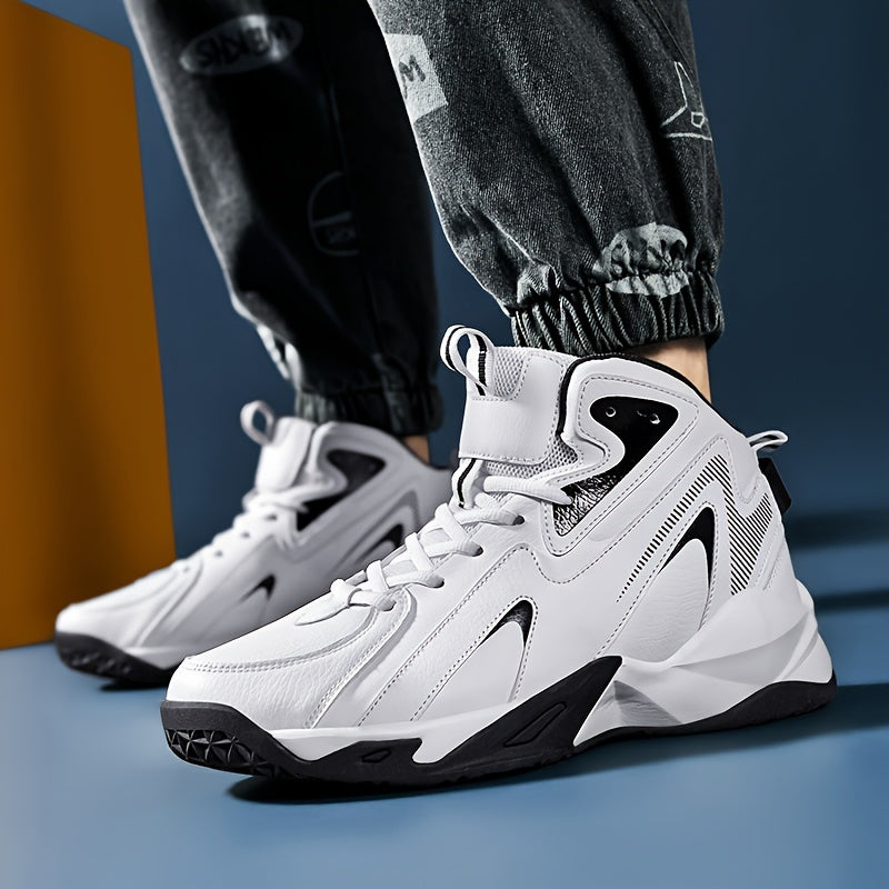 Men's High Top Basketball Shoes designed for PLUS SIZE individuals. Features include comfort, breathability, non-slip, shock absorption, and lace-up design. Suitable for indoor/outdoor