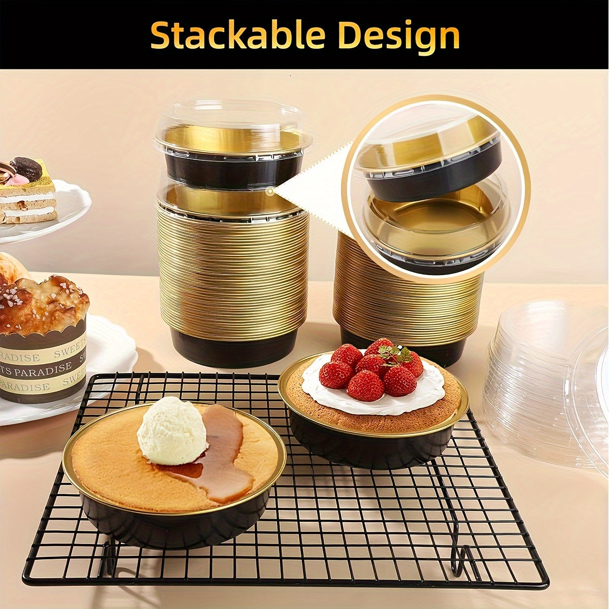 Set of 20 golden mini pie tins with lids, each measuring 10.16cm and holding 8oz. Made of disposable aluminum foil, perfect for creme brulee, tarts, and cakes. These oven-safe individual baking containers are a convenient choice for your cooking needs.