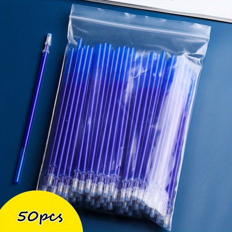 50 erasable gel pen refills, 0.5mm blue ink, washable handle, ideal for school and office writing supplies.