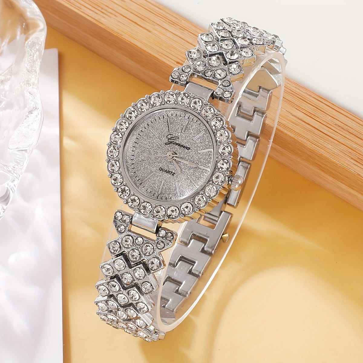 Elegant set of 6 Quartz watches with rhinestones, includes necklace, bracelet, earrings, and ring. Perfect gift for Mom or girlfriend on special occasions.