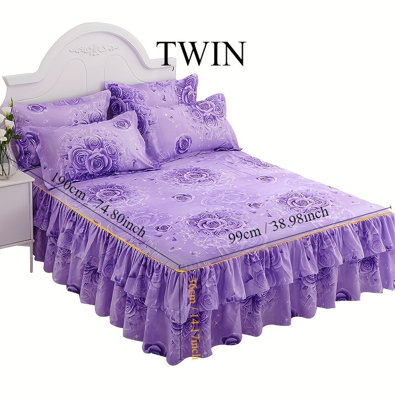 Set of 3 Tropical Floral Bed Skirt Pieces - Includes 1 Lace Non-Slip Bed Skirt and 2 Pillowcases, Polyester Bedding with Ruffled Edges for All Seasons, Machine Washable - Elegant Purple for Bedroom and Guest Room Decor, Bedding Set, Core Not Included