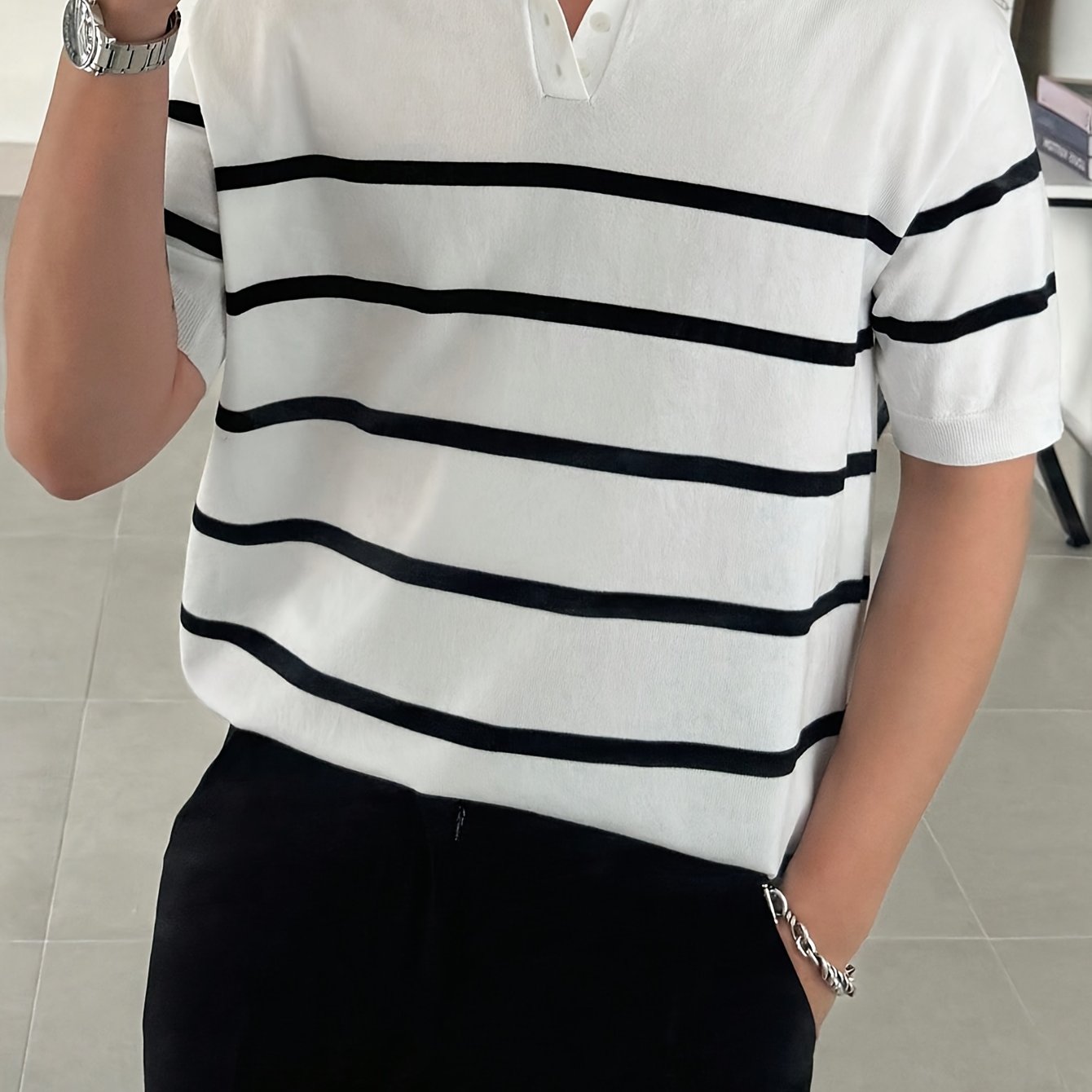 Men's Casual Striped Knit Shirt-Short Sleeve, Lightweight Spring/Summer Collection, Machine Washable, Viscose/Polyester Blend, White with Black Stripes