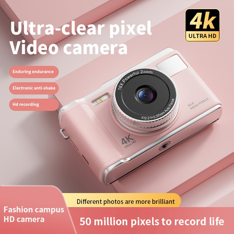 Compact digital camera with 4K resolution, 16X automatic zoom, LED flash, 7.11cm FHD screen, and 32GB SD card, ideal for teenagers and students.