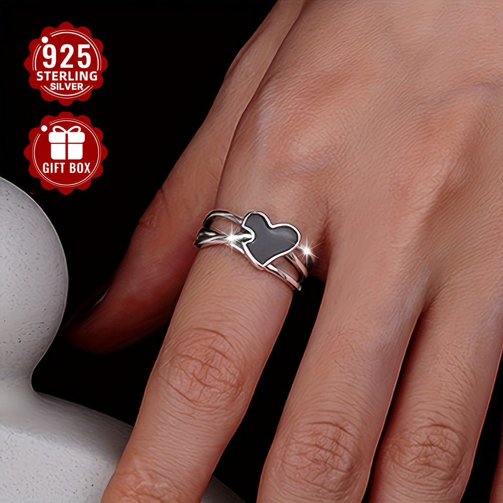 925 Sterling Silver Open Ring with Black Heart Design, a Symbol of Dangerous Love, perfect for both Men and Women. This high-quality adjustable ring is a statement piece that embodies the essence of risky love.