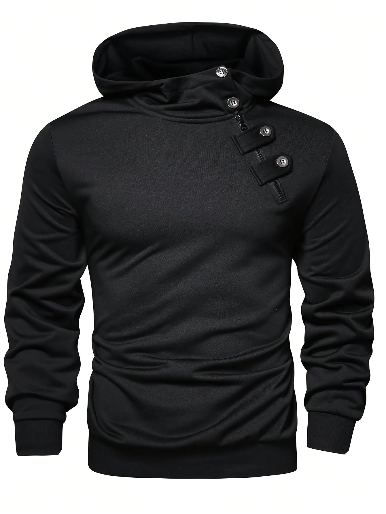 Men's casual polyester hoodie with button detail, solid color knit fabric sweatshirt with slight stretch, regular fit hooded pullover for spring/fall.