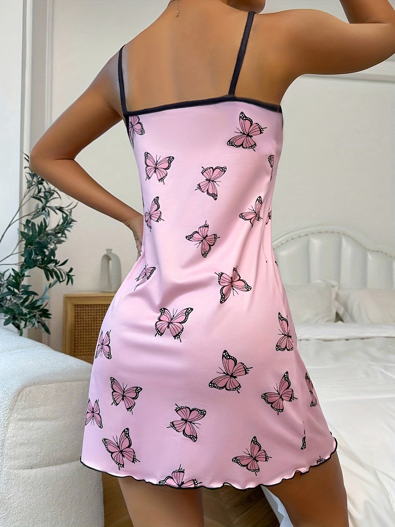 Butterfly print nightgown with round neck, backless design and frill trim - women's sleepwear.