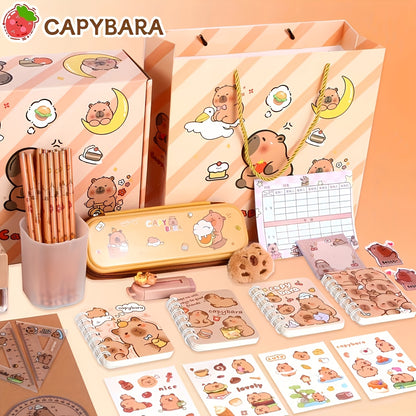 Capybara-themed stationery gift set with notebooks, pens, paper clips, and accessories in a tote bag for students, animal lovers, and student rewards.