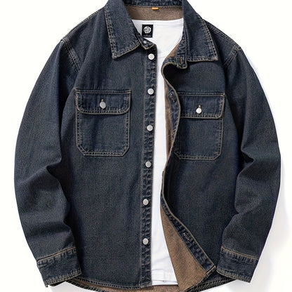 Men's casual denim shirt with lapel collar, loose fit, non-stretch fabric, and pockets. Ideal for spring/fall season.