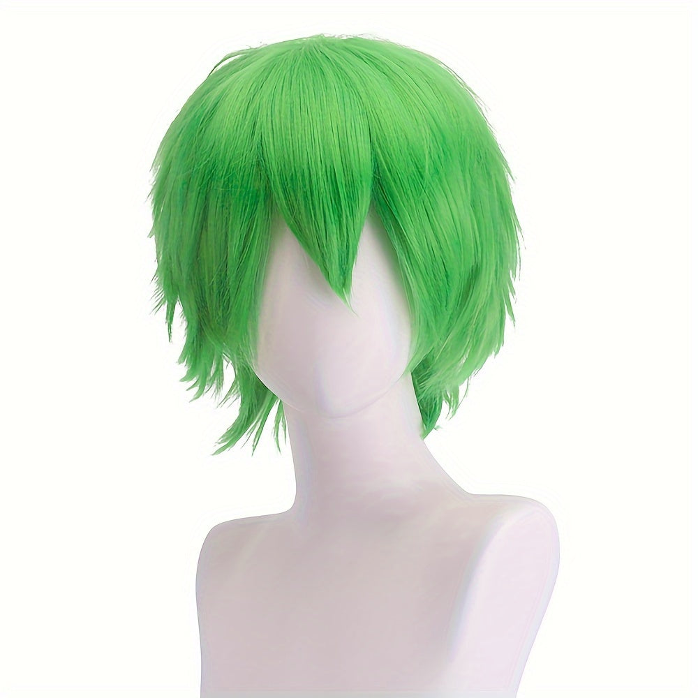 Vibrant Cosplay Wigs Available for Men and Women, Featuring Short, Straight Styles in Orange, Blue, White, Black, and Multicolored Varieties.