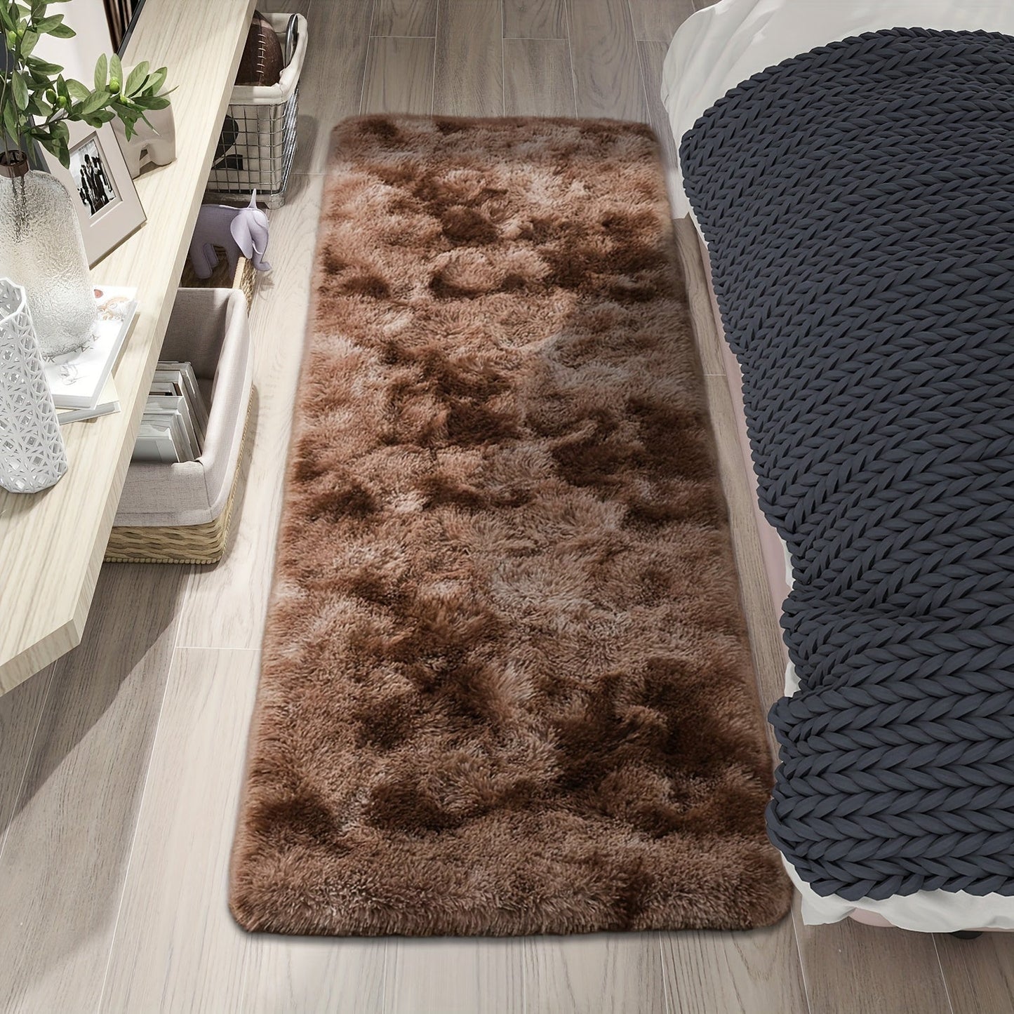 Soft shaggy area mat with a tie-dye design, made with 260g polyester and a 0.6cm thick sponge base. Features a 21 density for added comfort. Machine washable and suitable for indoor use in living rooms, bedrooms, game rooms, and dorms. This Nordic style