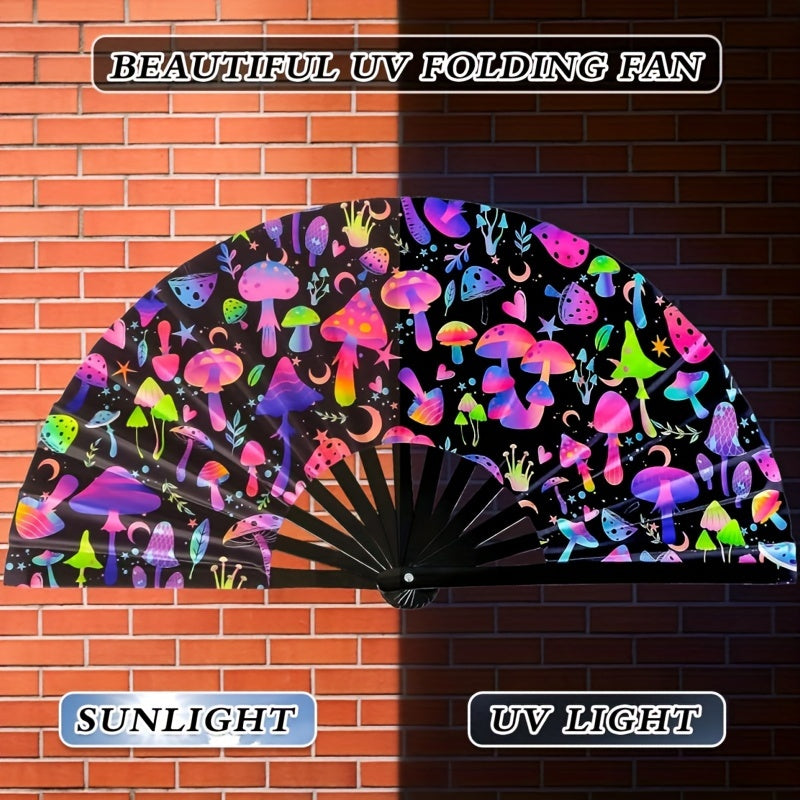 Bamboo Hand Fan with UV Glow Mushroom Design - Ideal for Music Festivals, Raves, Disco Parties, and Neon Events