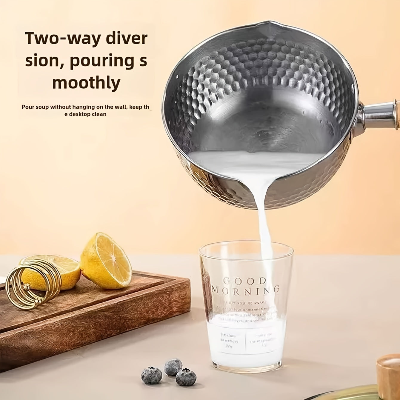 Small Stainless Steel Saucepan with 2L/2.1QT Capacity, Ideal for Cooking Noodles and Soups, Single Serve Milk Pan, Induction Compatible, Includes Wooden Lid for Home Kitchen Use.