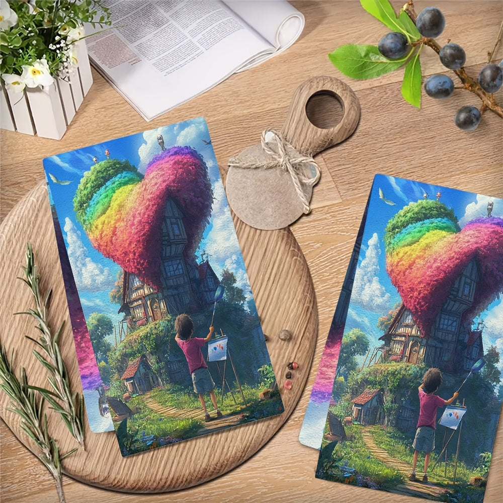 Set of 2 Kitchen Towels with Ultra Soft Anime Boy Painting Heart Shaped House, Rainbow Roof Design, Highly Absorbent Dish Hand Towels for Holiday Decor, Machine Washable, 16x24 Inch - Item Number 2KYSYS1215117