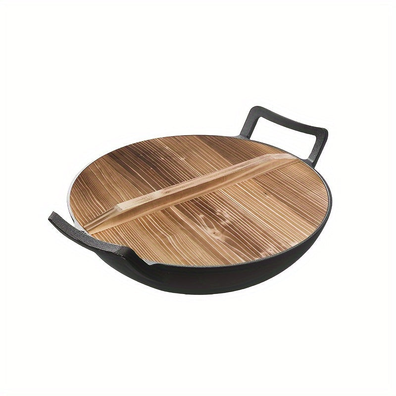 One pack of a pre-seasoned 32.0 cm cast iron chef's pan with a wooden lid, double handle, and uncoated wok suitable for home kitchens and restaurants.