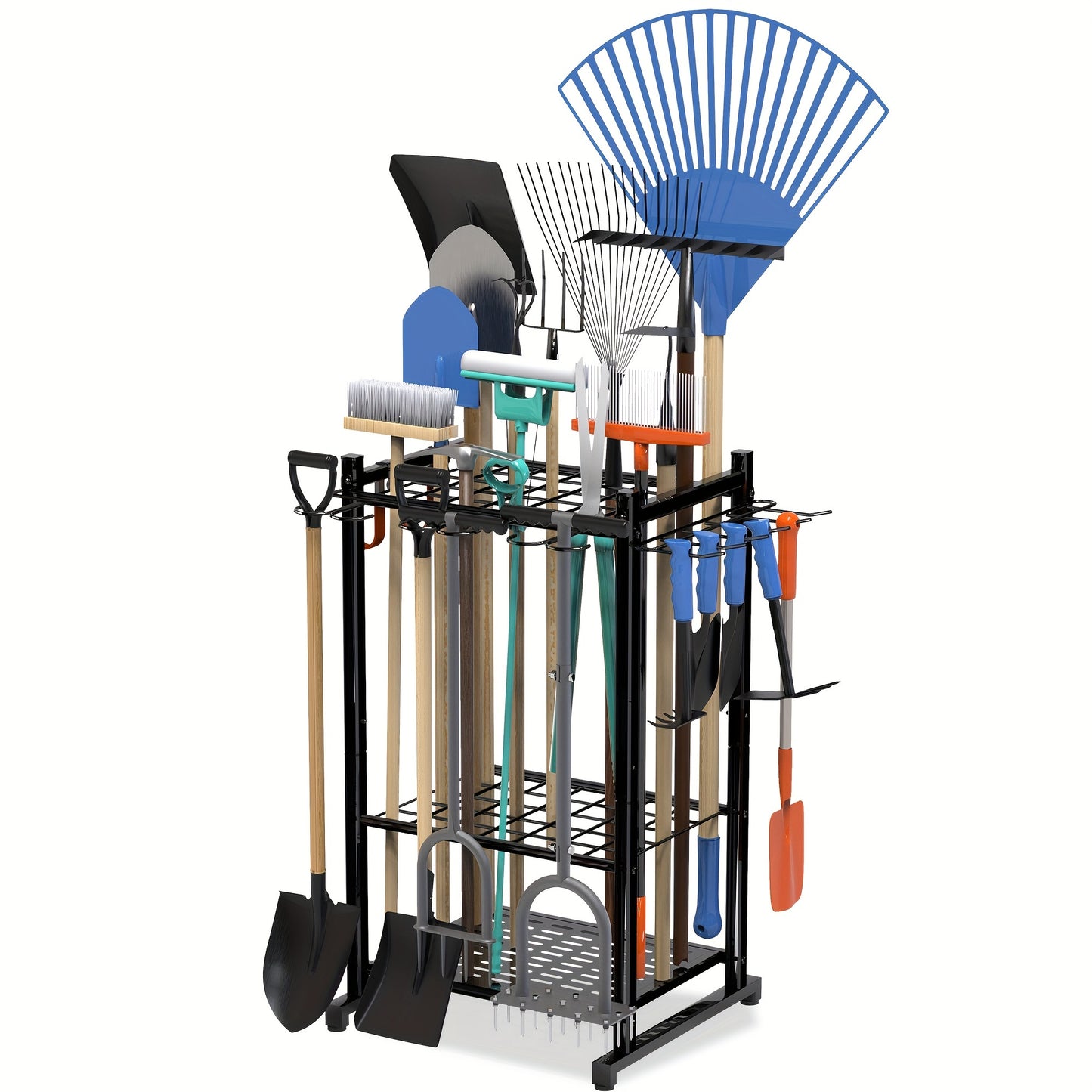 Durable black metal tool rack holds 50+ garden tools, adjustable and compact for garage or shed storage, with hooks for rakes and brooms.