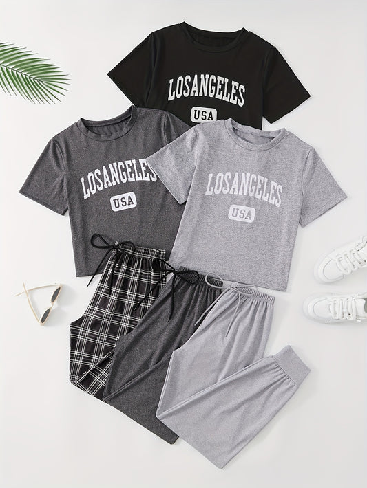 Women's Lounge Set with Letter Print, Short Sleeve Top, Drawstring Joggers, Relaxed Fit