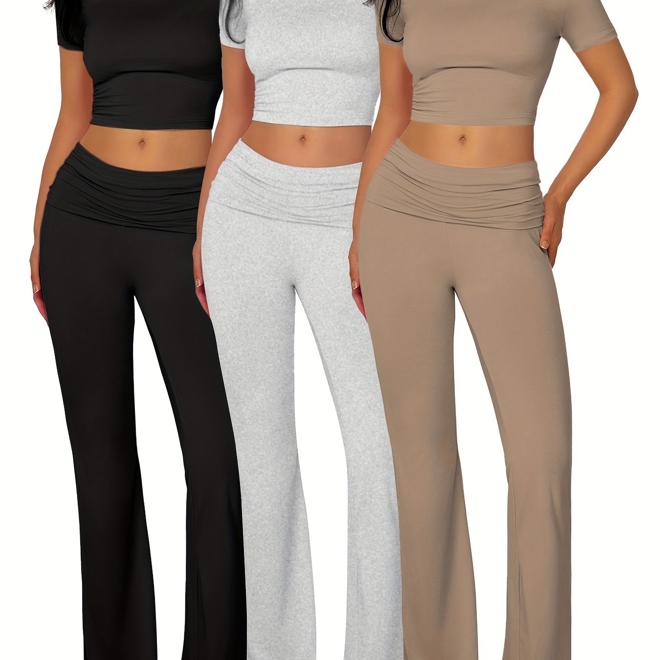 3-piece women's sporty lounge set with crop top and flared pants, slim and comfortable fit