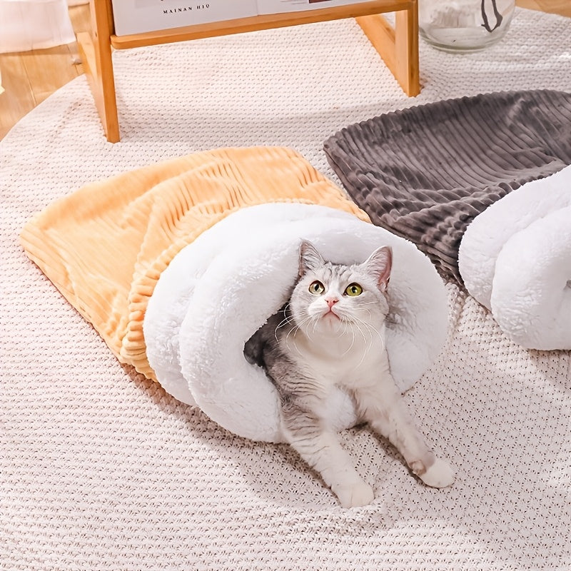 360° Wrap Plush Cat Sleeping Bag with temperature locking feature, perfect for winter. Beige/Light Brown, Snuggle Wrap Design, Polyester Fiber Fill.