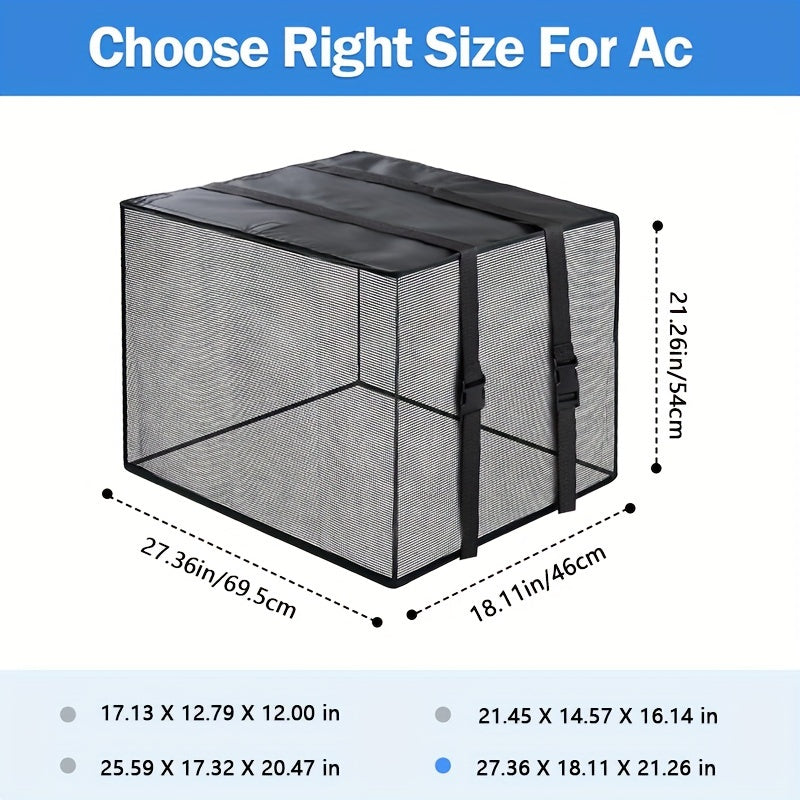 Easily install the waterproof outdoor window AC cover, measuring 43.18cm x 30.48cm x 33.02cm. This cover protects your AC against cottonwood, leaves, and debris with its ventilated mesh design.