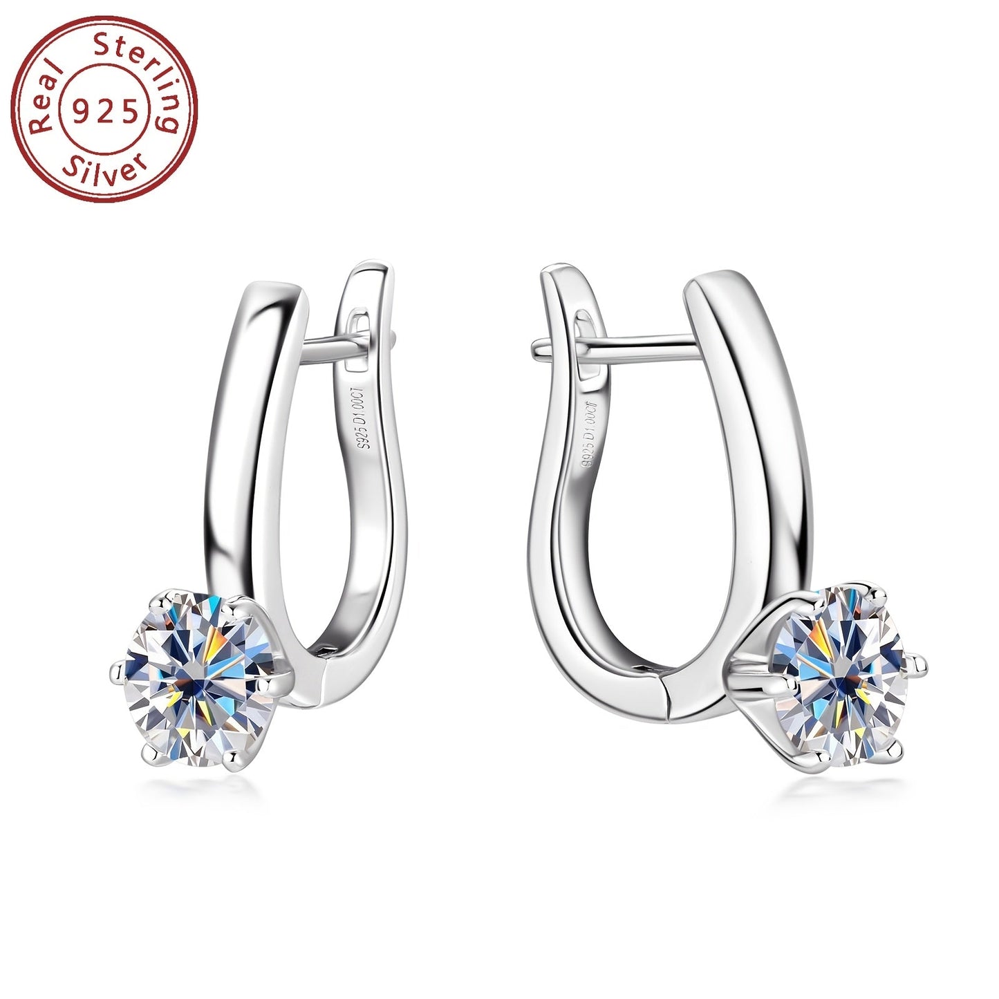 These beautiful earrings feature round Mozambique stone earrings with a stunning D Color, set in 6.5mm sterling silver. The six-claw U-shaped 925 silver ear cuffs add an elegant touch to these ladies' jewelry gifts. The silvery weight of these earrings