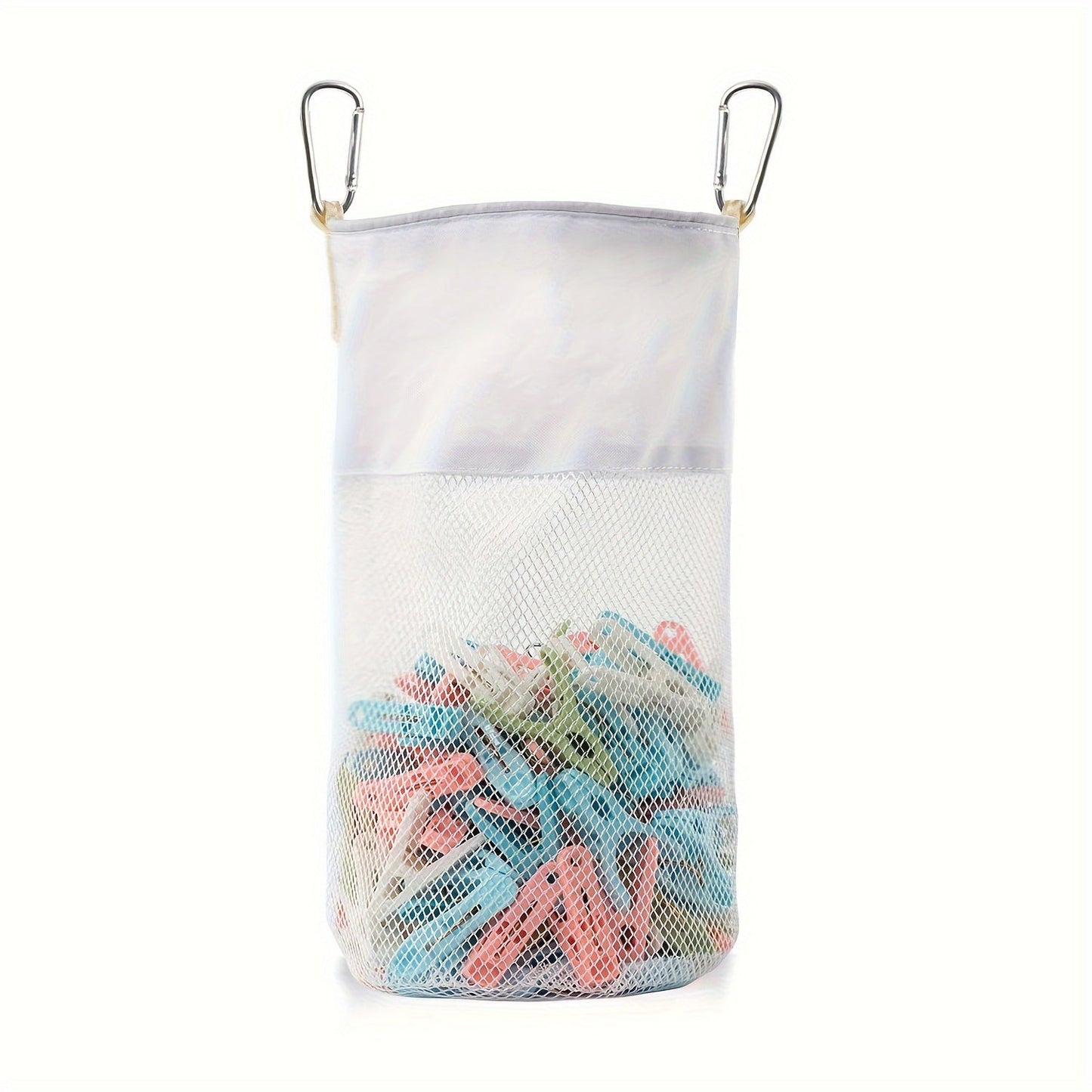 Large capacity clip storage bag with carabiner clips, fabric organizer pouch, suitable for hanging on walls or closets, ideal for organizing home and office supplies.