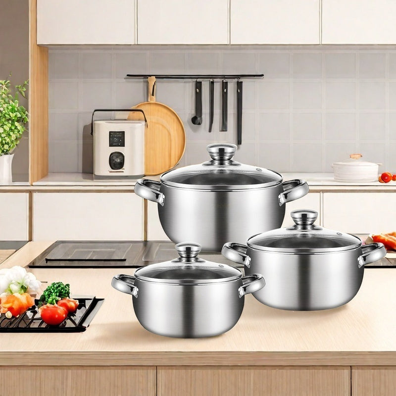 Six high-quality stainless steel stockpots, perfect for use with induction cookers, available in a variety of styles.