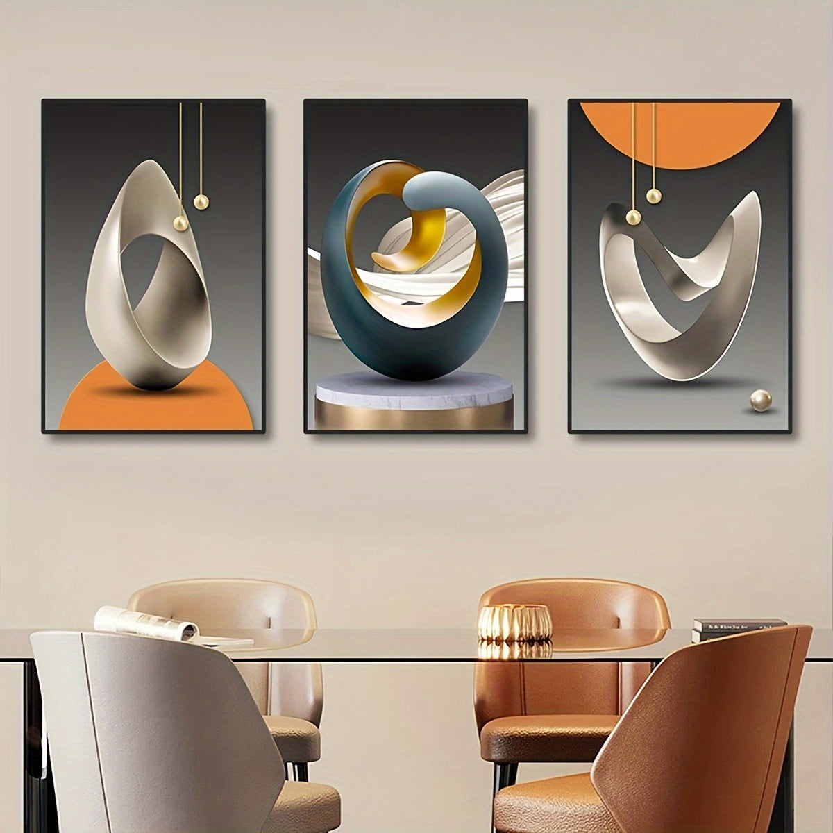 Set of 3 modern canvas posters, abstract geometric wall art for various rooms, no frames included.