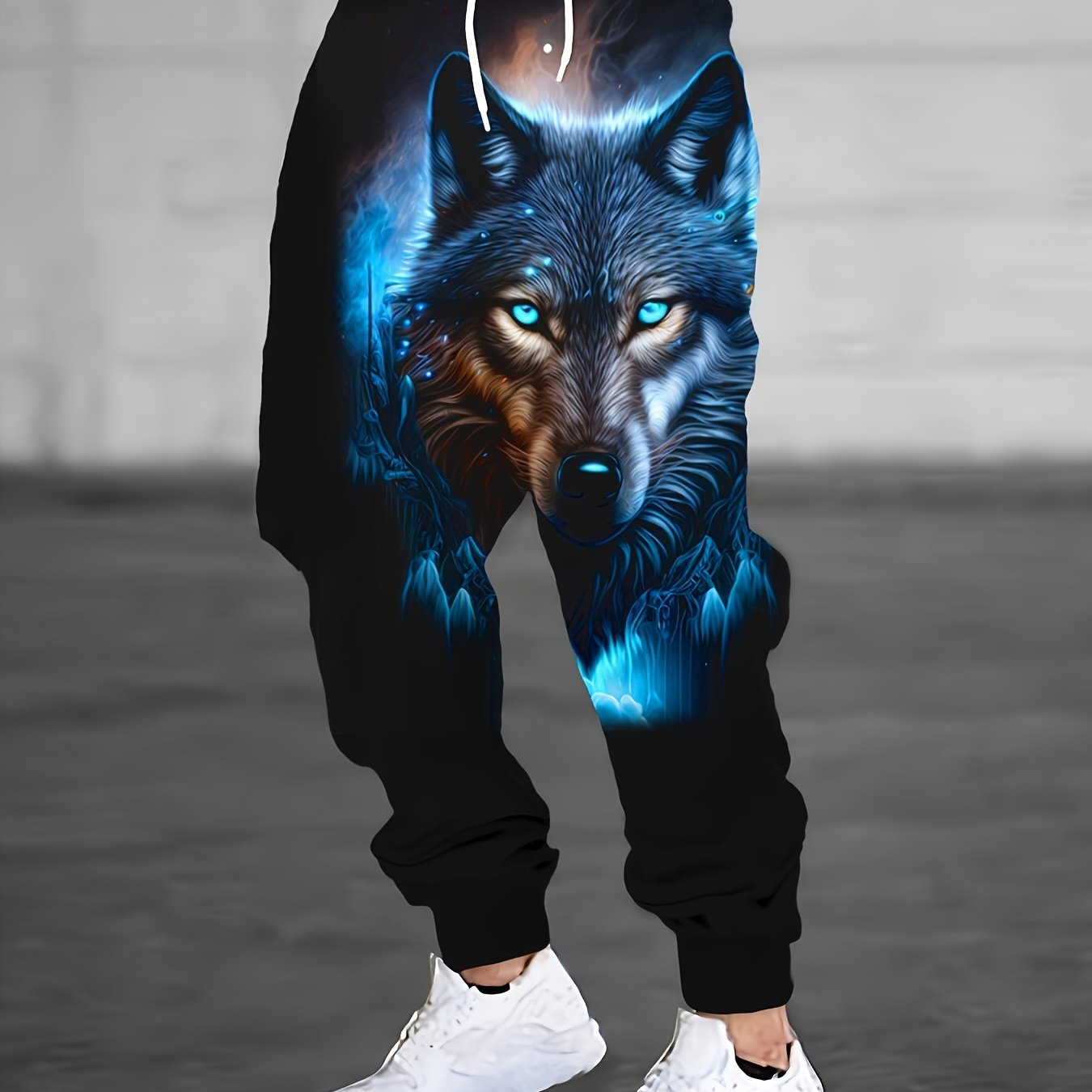 Men's Plus Size Wolf Print Athletic Pants with Drawstring Waist, Pockets, Polyester Blend, Machine Washable