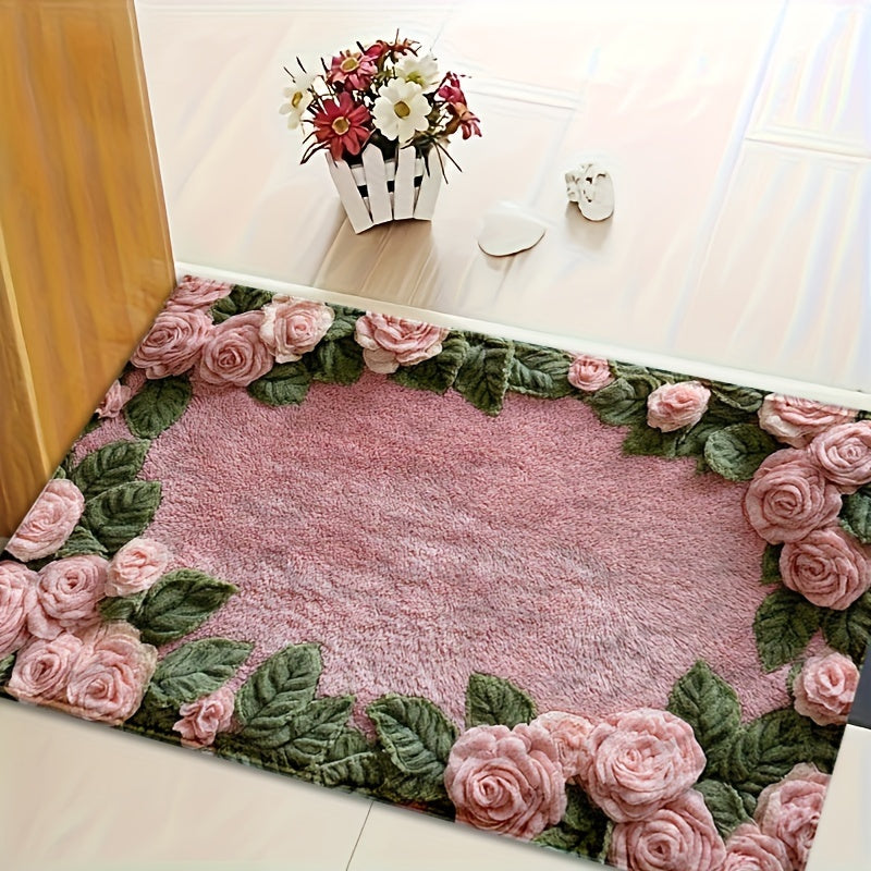 Stylish Pink Rose Non-Slip Bath Mat - Machine Washable, Low Profile with TPR Backing, Knitted Fabric for Bathroom, Bedroom, Kitchen & Entryway - Ideal for Winter Home Decor, Suitable for Outdoor Areas