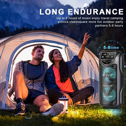 Loud, portable outdoor speakers with LED lights, large battery, and various connectivity options. Ideal for live music and home parties.