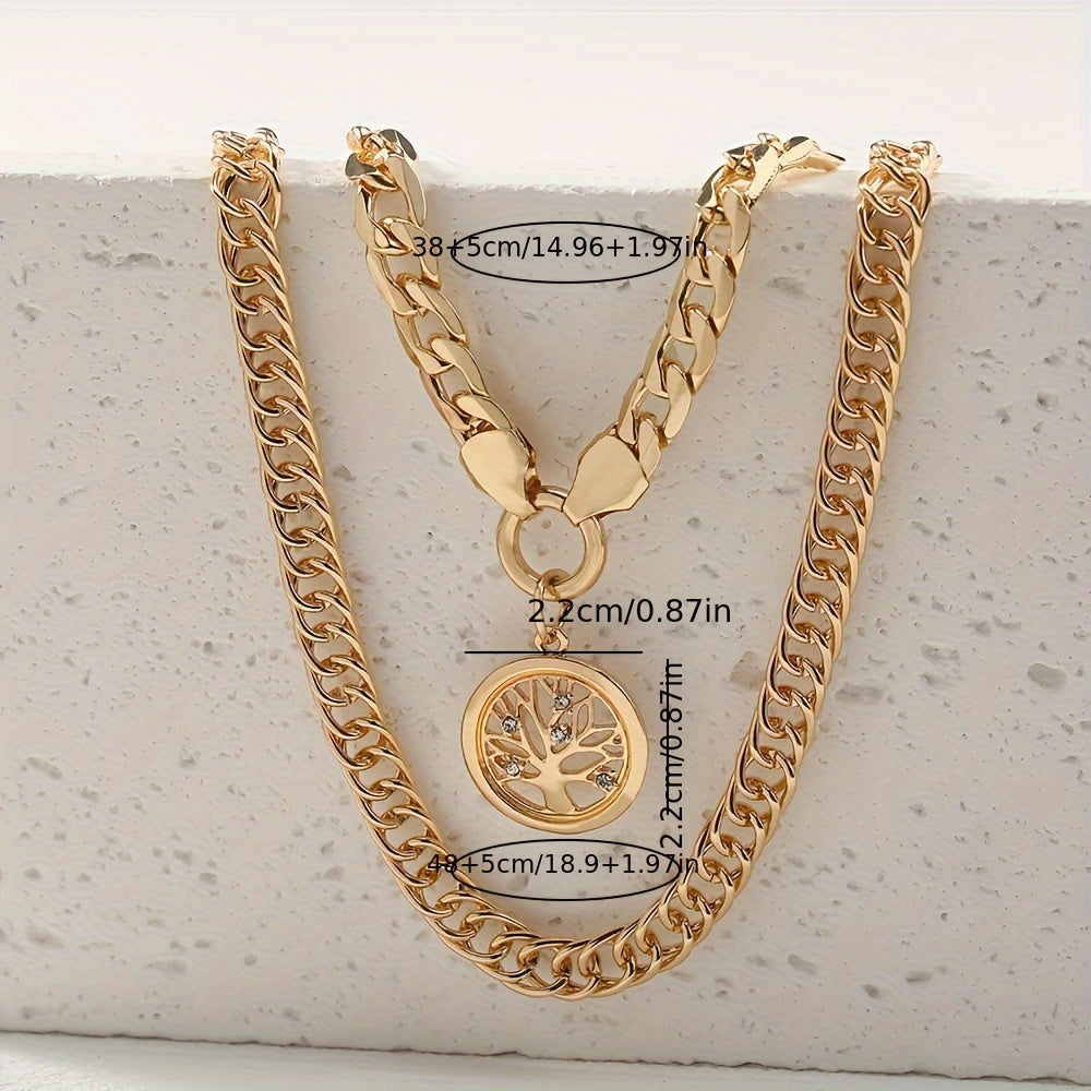 Set of 2 Layered Necklaces, featuring a Classic Retro Tree of Life Pattern Pendant and Chunky Cuban Link Chain. Perfect for adding a trendy touch to your vacation wardrobe.