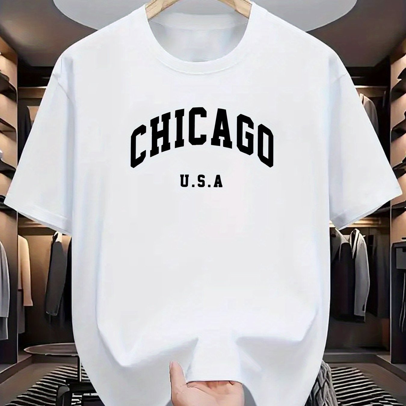 Chicago USA print men's t-shirt made of 100% polyester knit fabric. Features a casual crew neck tee with slight stretch, regular fit, and geometric pattern. Comfortable, elastic, and ideal