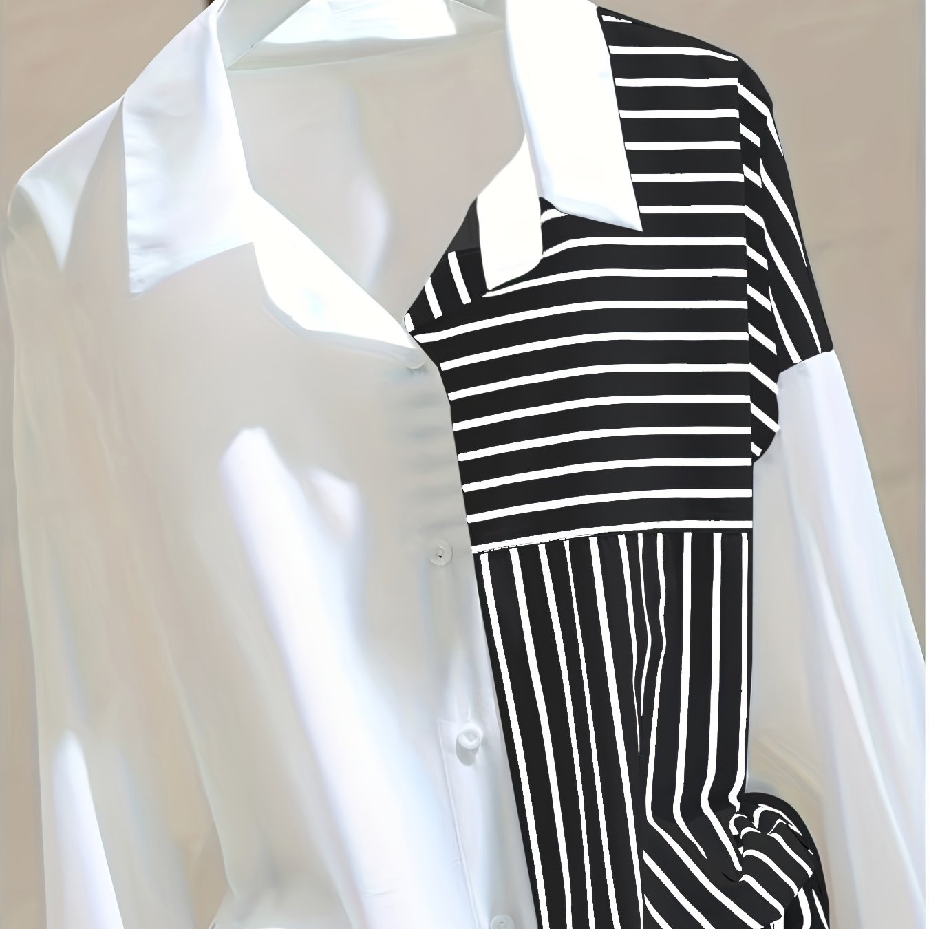 White loose-fitting shirt for women with striped patchwork, perfect for spring and autumn, in a unique casual style.