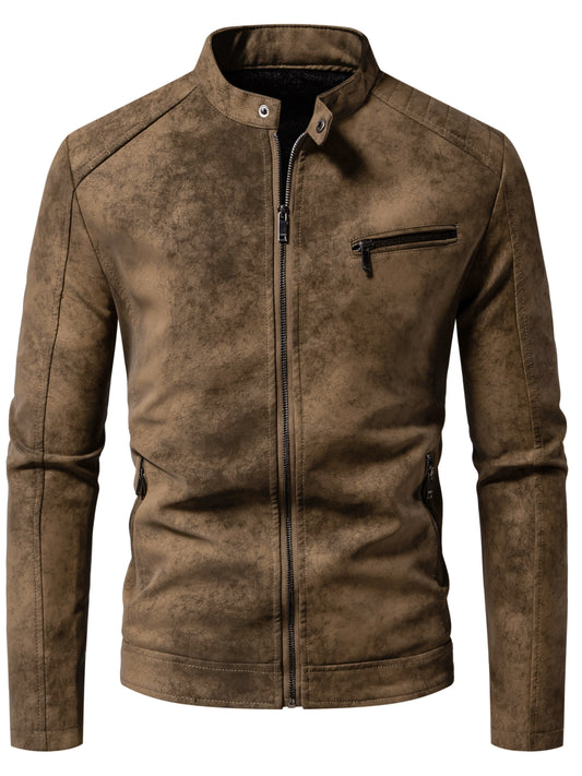 Men's vintage style faux leather jacket with stand collar, zip-up closure, and polyester lining.