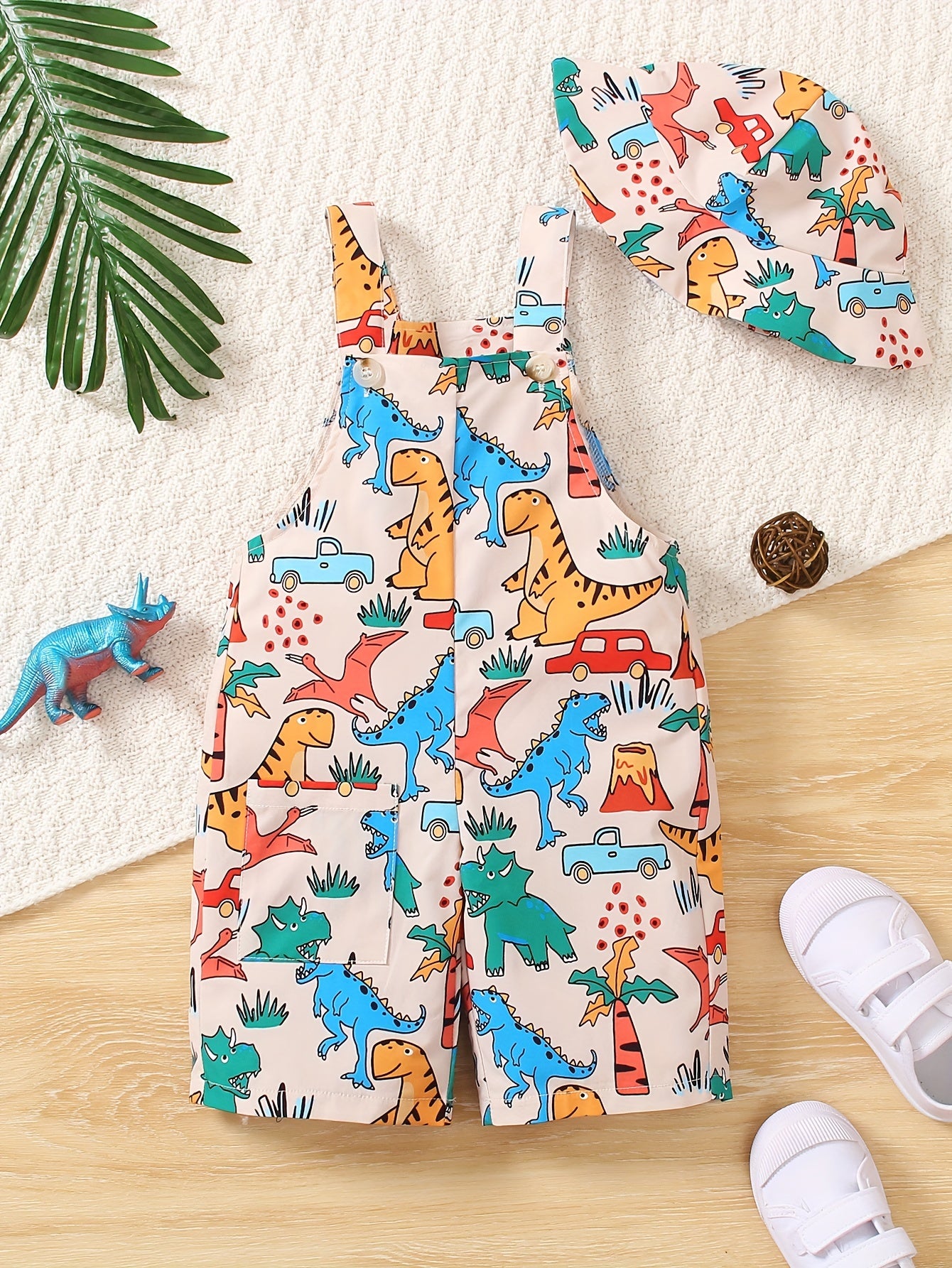 Toddler Boys' Dinosaur Print Pants with Matching Hat - Lightweight, Summer Casual Wear for Outdoor