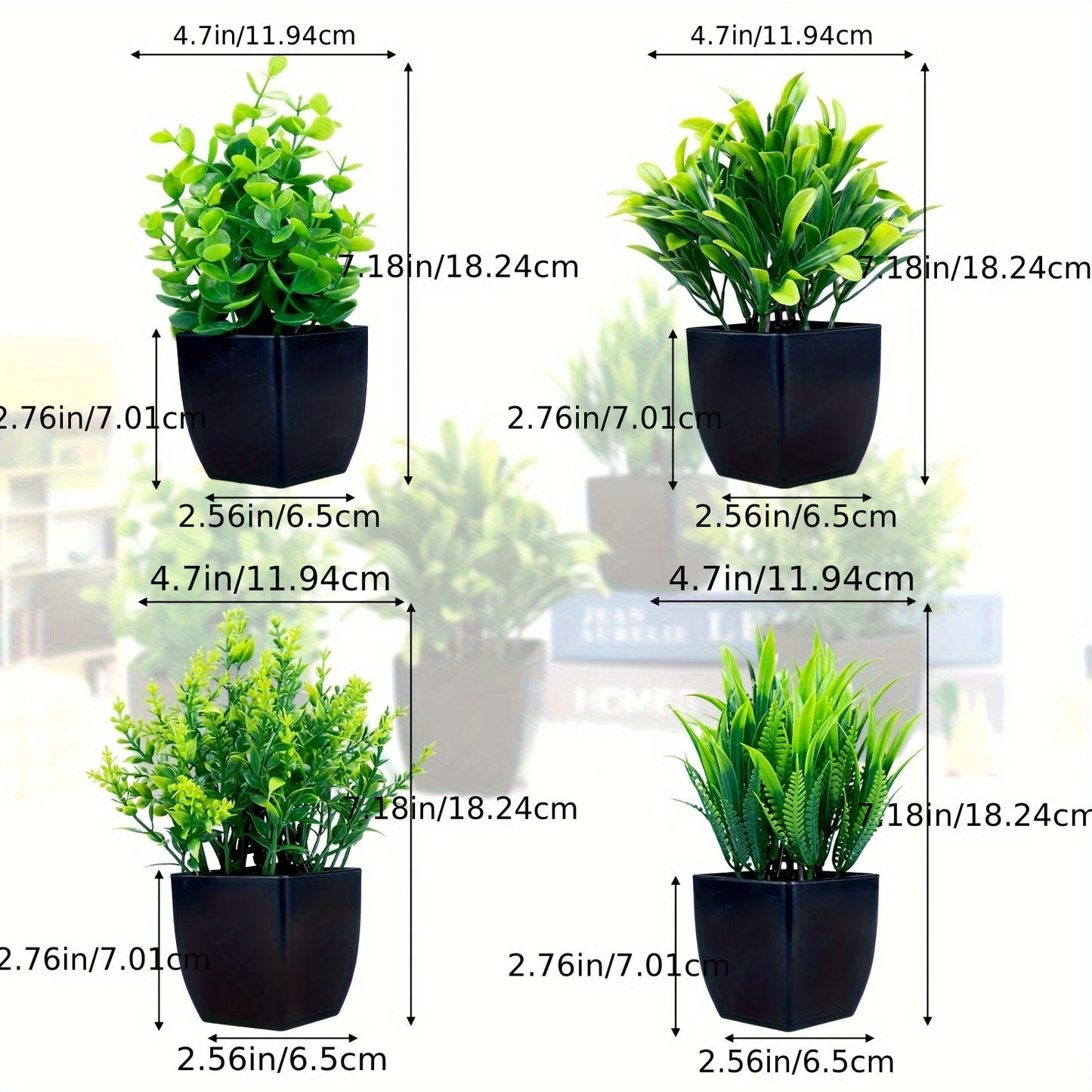 Set of 4 small faux eucalyptus plants in black pots for indoor decoration.